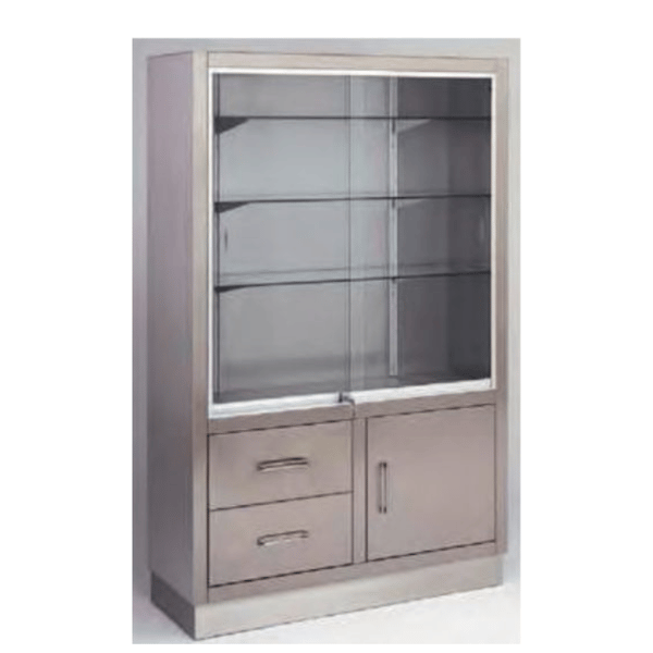 Vitrina armário em aço inoxidável: com portas correderas na parte superior e armário e gavetas na parte inferior (160 x 40 x 100 cm)